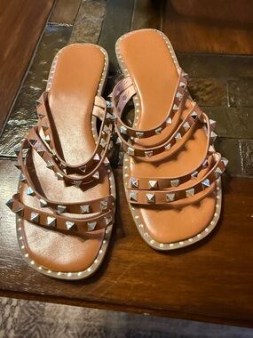 SHEIN Tan Studded Strappy Slide Sandals